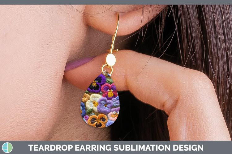Flowers 02 Embroider Pansy Teardrop Earrings Sublimation Ear