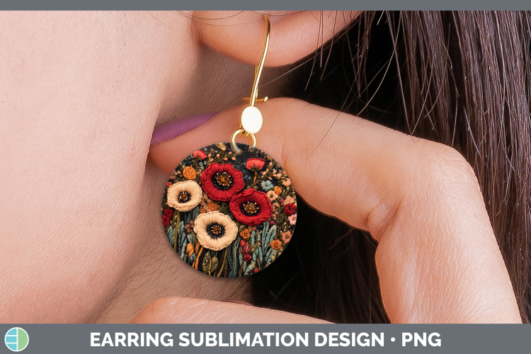 Flowers 02 Embroider Poppy Round Earrings Sublimation Earrin