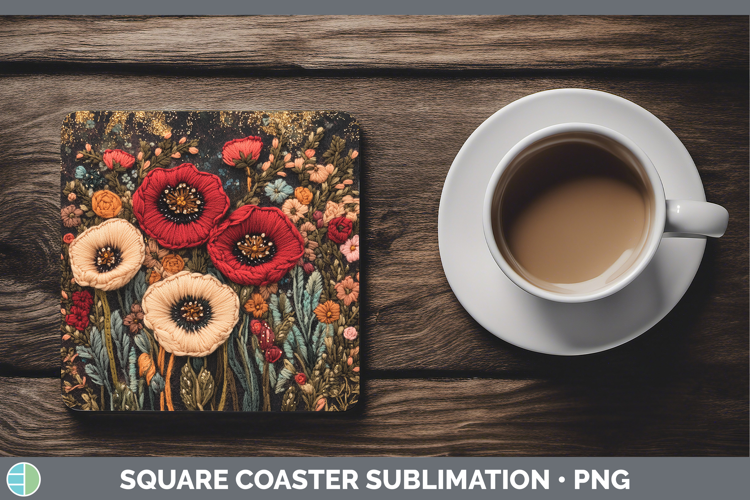 Flowers 02 Embroider Poppy Square Coaster Sublimation Coaste