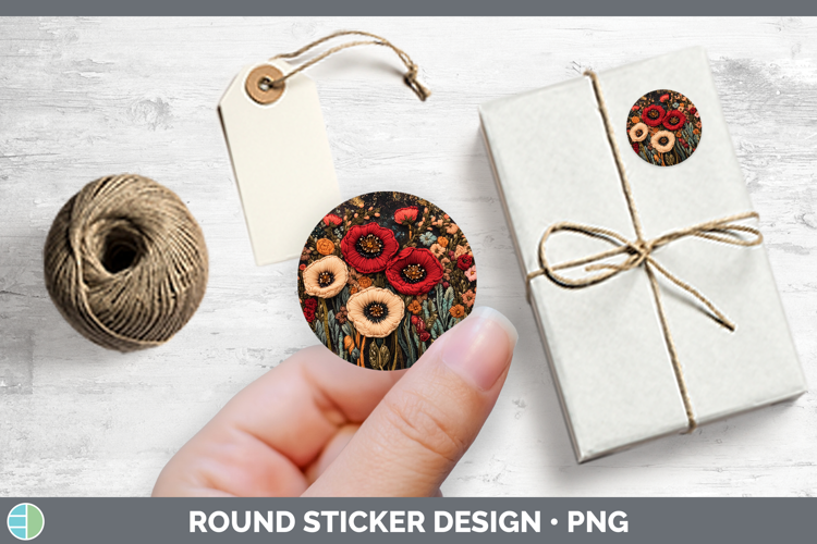 Flowers 02 Embroider Poppy Stickers | Round Labels Designs