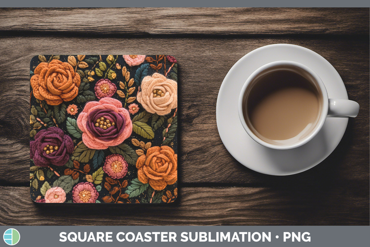 Flowers 02 Embroider Rose Square Coaster Sublimation Coaster