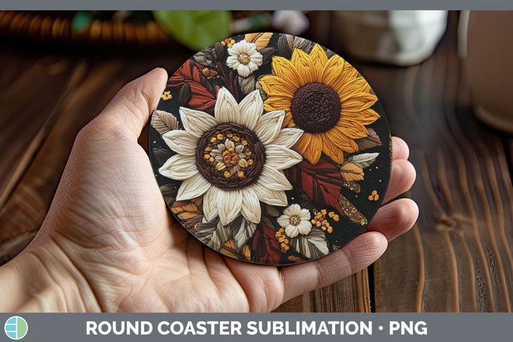 Flowers 02 Embroider Sunflower Round Coaster Sublimation Coa