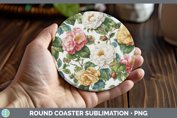 Camellia Flowers 02 Pastel Pattern Round Coaster Sublimation