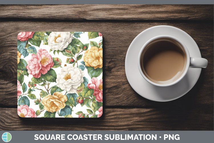 Camellia Flowers 02 Pastel Pattern Square Coaster Sublimatio