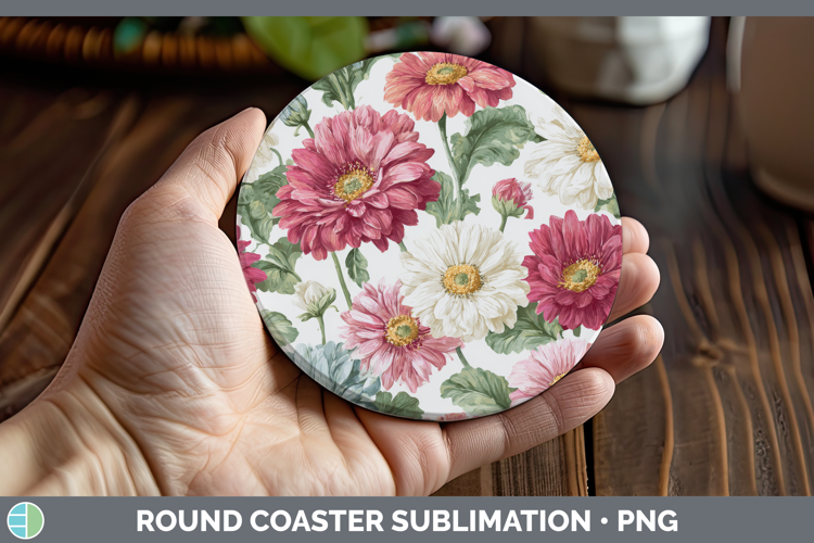 Gerbera Daisy Flowers 02 Pastel Pattern Round Coaster Sublim