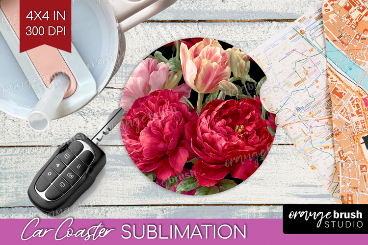 Floral Car Coaster - Sping Flowers Coaster PNG Sublimation
