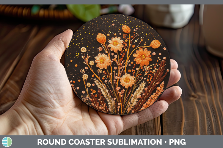 Flowers 03 Embroider Acacia Round Coaster Sublimation Coaste