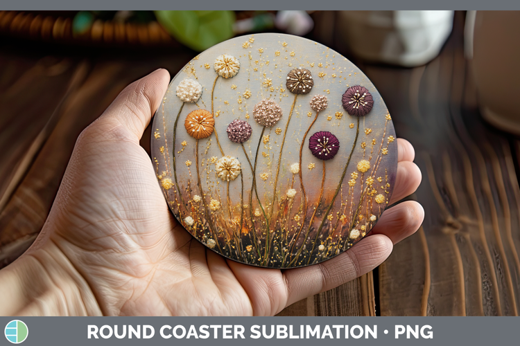 Flowers 03 Embroider Allium Round Coaster Sublimation Coaste