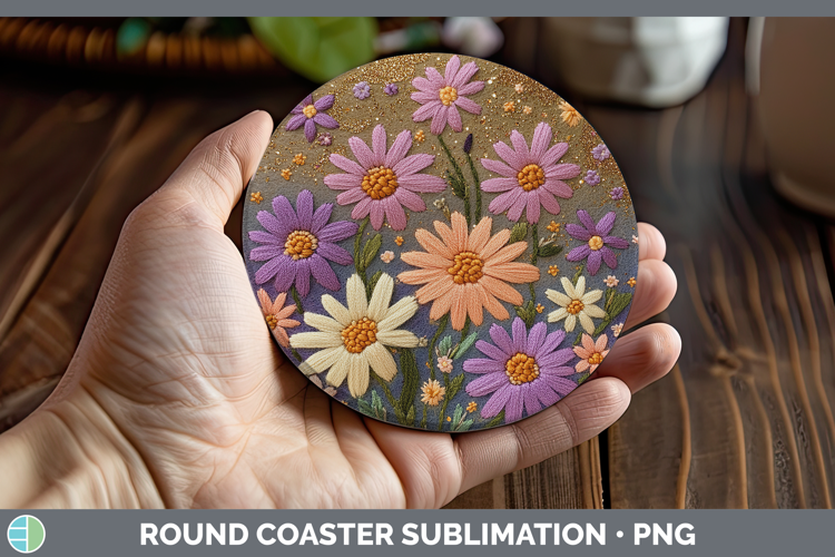 Flowers 03 Embroider Aster Round Coaster Sublimation Coaster