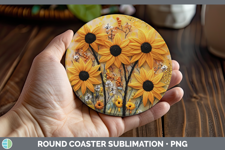 Flowers 03 Embroider Black-eyed Susan Round Coaster Sublimat