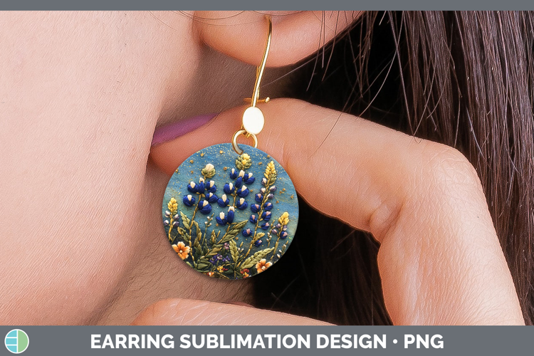 Flowers 03 Embroider Bluebonnet Round Earrings Sublimation E
