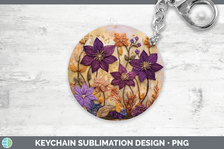 Flowers 03 Embroider Clematis Keychain Sublimation Keyring D
