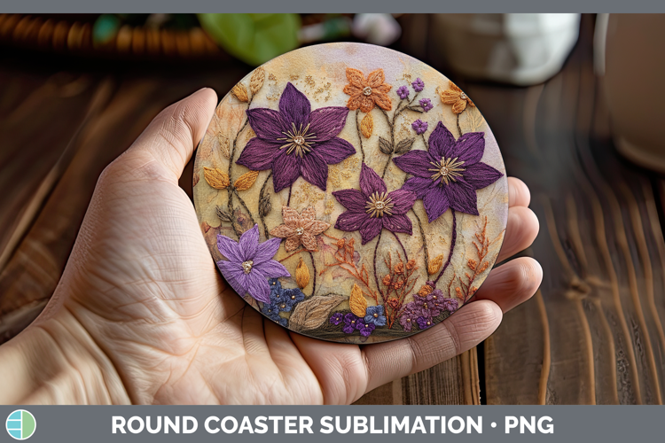 Flowers 03 Embroider Clematis Round Coaster Sublimation Coas