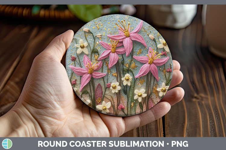 Flowers 03 Embroider Columbine Round Coaster Sublimation Coa