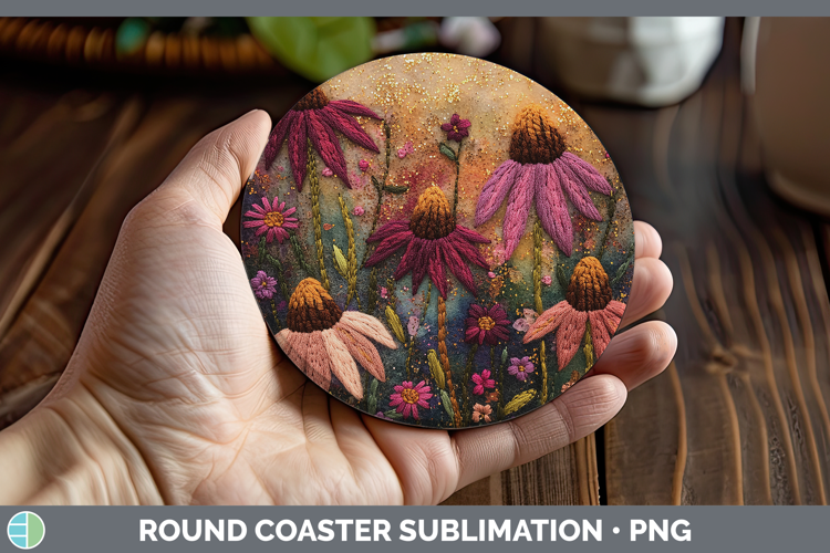 Flowers 03 Embroider Coneflower Round Coaster Sublimation Co