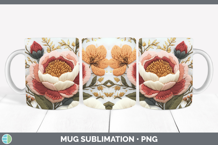 Flowers 03 Embroider Peony Mug Wrap Sublimation Coffee Cup D