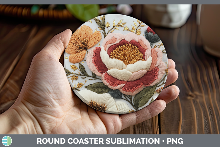 Flowers 03 Embroider Peony Round Coaster Sublimation Coaster