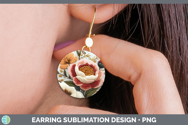 Flowers 03 Embroider Peony Round Earrings Sublimation Earrin