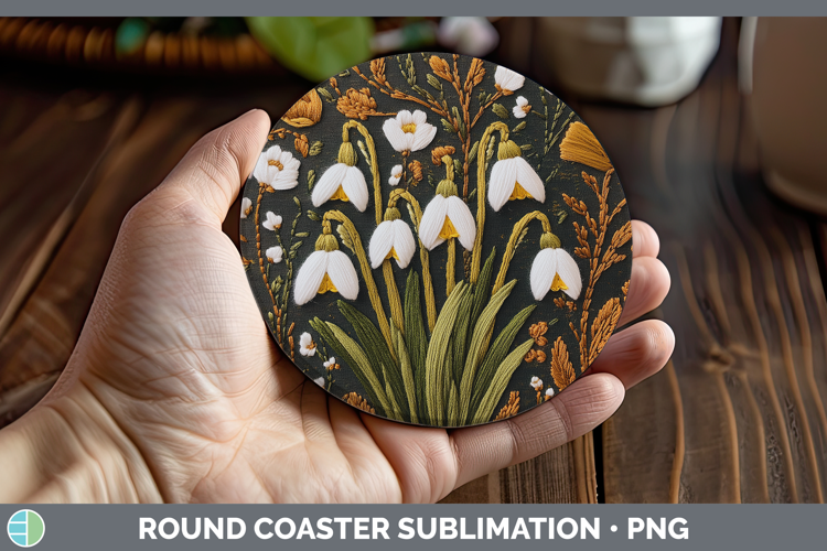 Flowers 03 Embroider Snowdrop Round Coaster Sublimation Coas