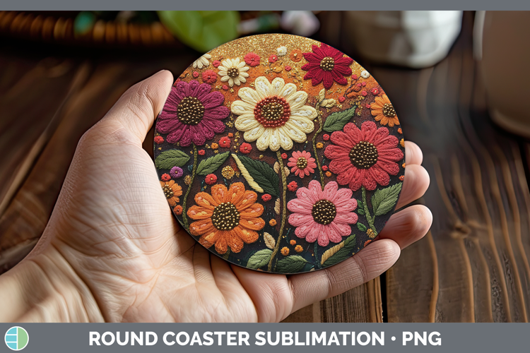 Flowers 03 Embroider Zinnia Round Coaster Sublimation Coaste