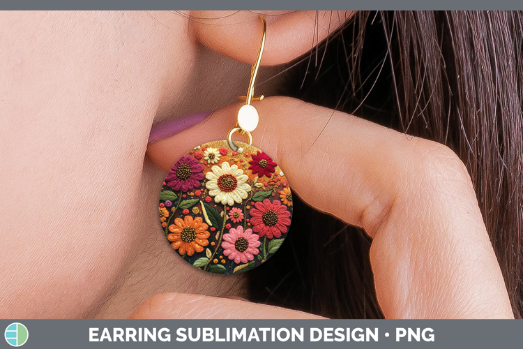 Flowers 03 Embroider Zinnia Round Earrings Sublimation Earri