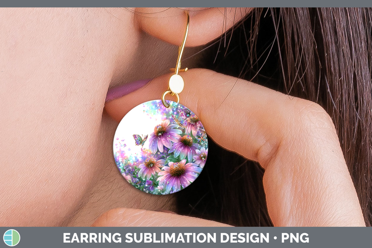 Flowers 03 Rainbow Summer Coneflower Round Earrings Sublimat