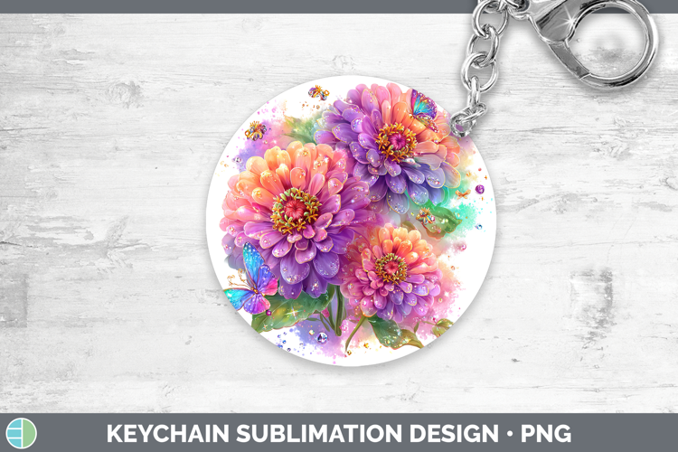 Flowers 03 Rainbow Summer Zinnia Keychain Sublimation Keyrin