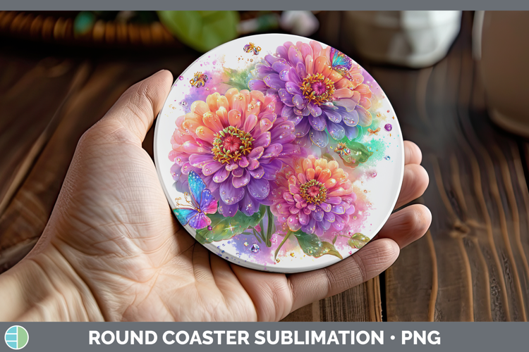 Flowers 03 Rainbow Summer Zinnia Round Coaster Sublimation C