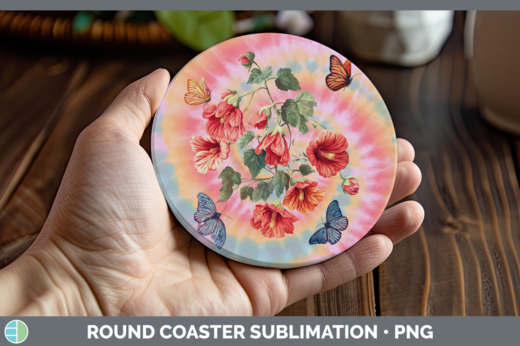Abutilon Flowers 03 Tie Dye Round Coaster Sublimation Design