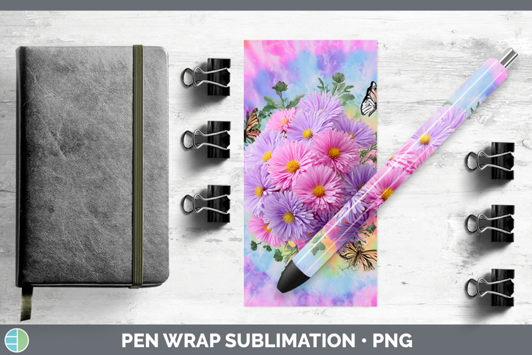 Aster Flowers 03 Tie Dye Pen Wrap Sublimation Design