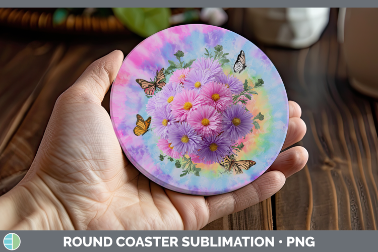 Aster Flowers 03 Tie Dye Round Coaster Sublimation Design