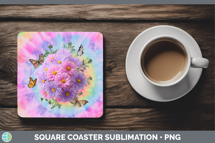 Aster Flowers 03 Tie Dye Square Coaster Sublimation Design