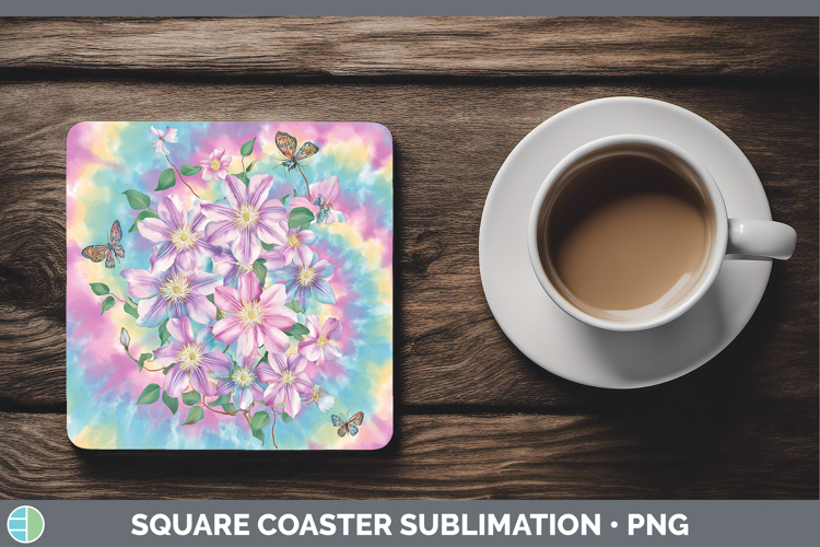 Clematis Flowers 03 Tie Dye Square Coaster Sublimation Desig