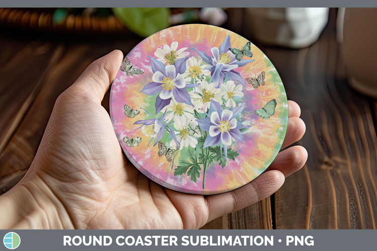 Columbine Flowers 03 Tie Dye Round Coaster Sublimation Desig