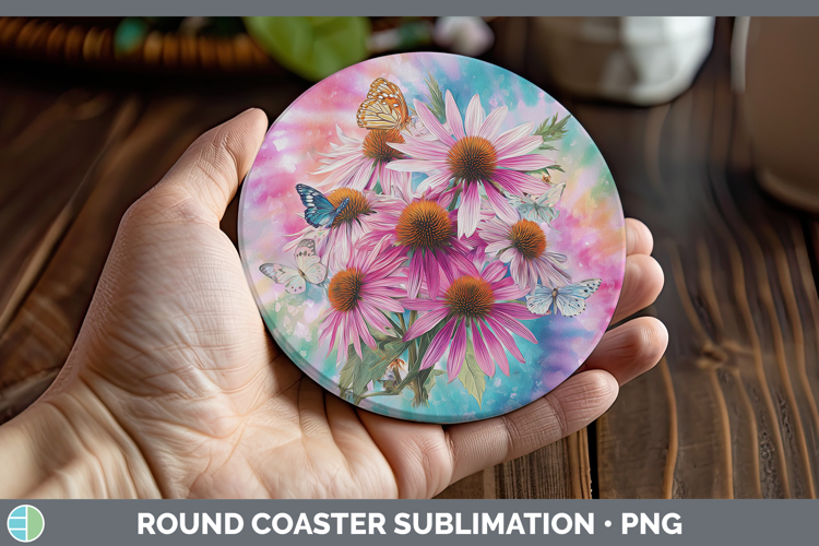 Coneflower Flowers 03 Tie Dye Round Coaster Sublimation Desi