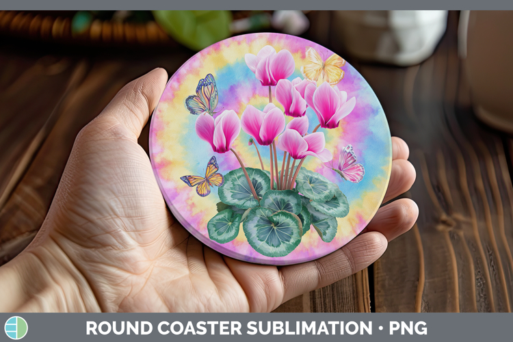 Cyclamen Flowers 03 Tie Dye Round Coaster Sublimation Design
