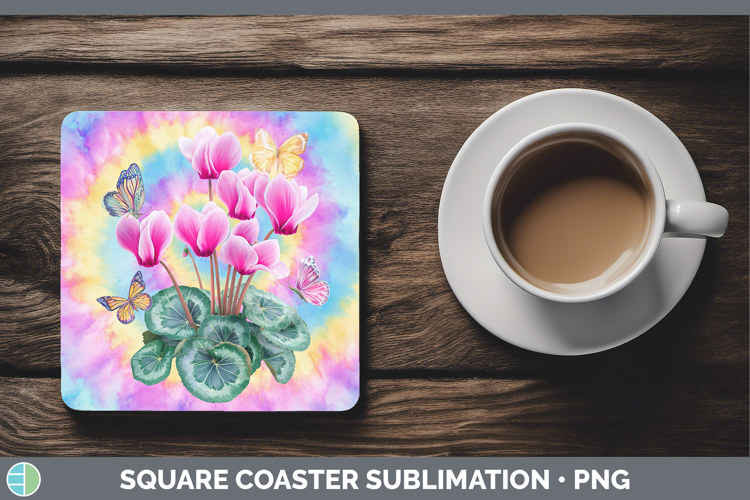 Cyclamen Flowers 03 Tie Dye Square Coaster Sublimation Desig