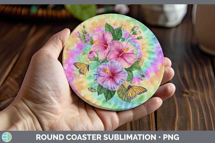 Hibiscus Flowers 03 Tie Dye Round Coaster Sublimation Design