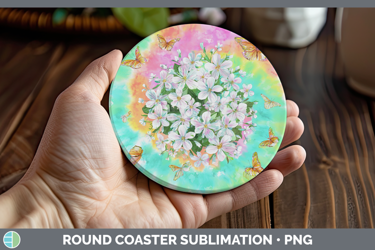 Jasmine Flowers 03 Tie Dye Round Coaster Sublimation Design