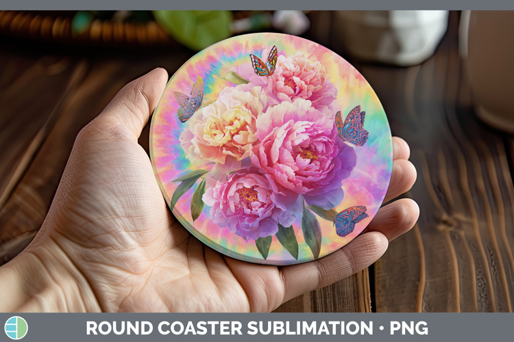 Peony Flowers 03 Tie Dye Round Coaster Sublimation Design
