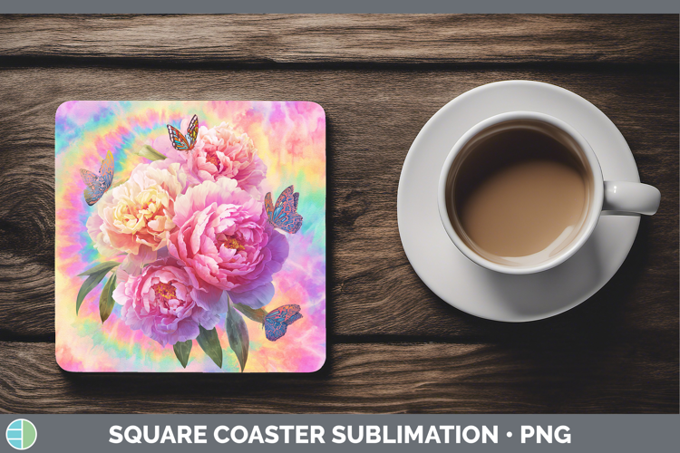 Peony Flowers 03 Tie Dye Square Coaster Sublimation Design