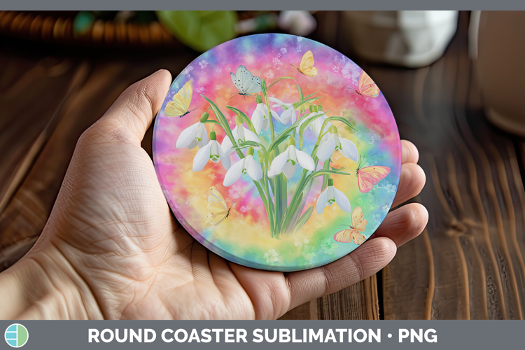Snowdrop Flowers 03 Tie Dye Round Coaster Sublimation Design