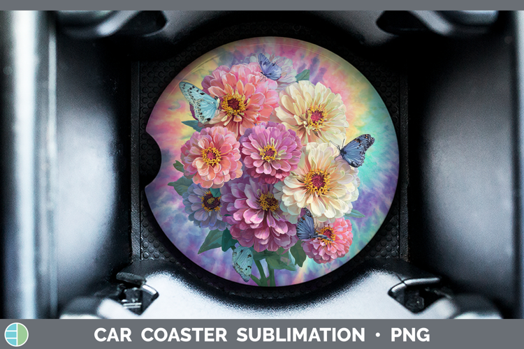 Zinnia Flowers 03 Tie Dye Car Coaster Sublimation Design