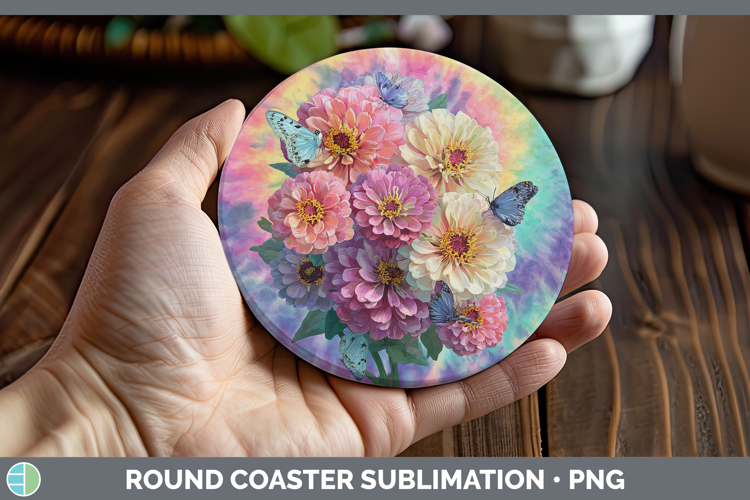 Zinnia Flowers 03 Tie Dye Round Coaster Sublimation Design