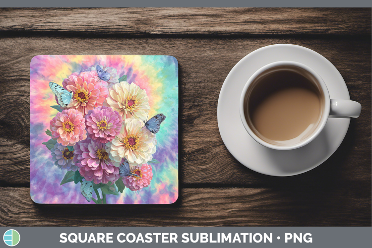 Zinnia Flowers 03 Tie Dye Square Coaster Sublimation Design