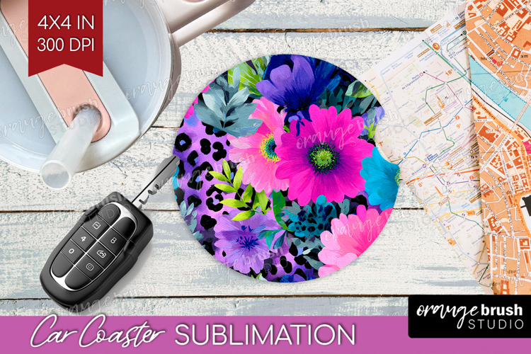 Floral Car Coaster - Sping Flowers Coaster PNG Sublimation