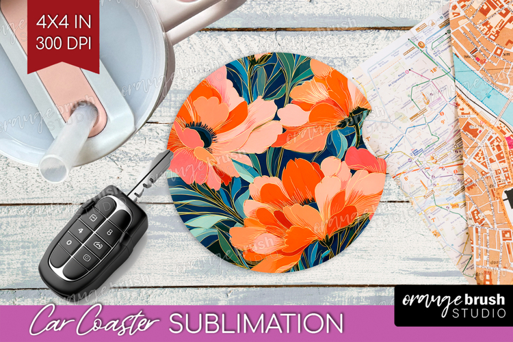 Floral Car Coaster - Sping Flowers Coaster PNG Sublimation