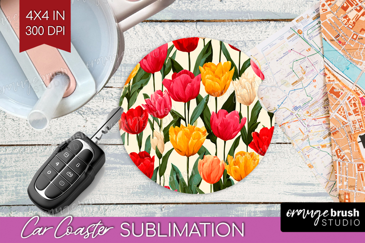 Floral Car Coaster - Sping Flowers Coaster PNG Sublimation