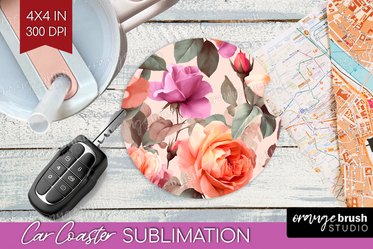 Floral Car Coaster - Sping Flowers Coaster PNG Sublimation