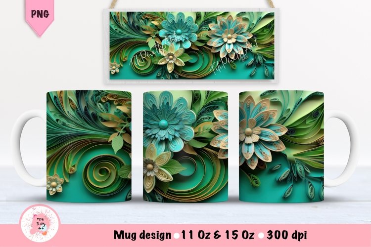 Green Flowers 3D Mug Wrap For 11 oz and 15 oz